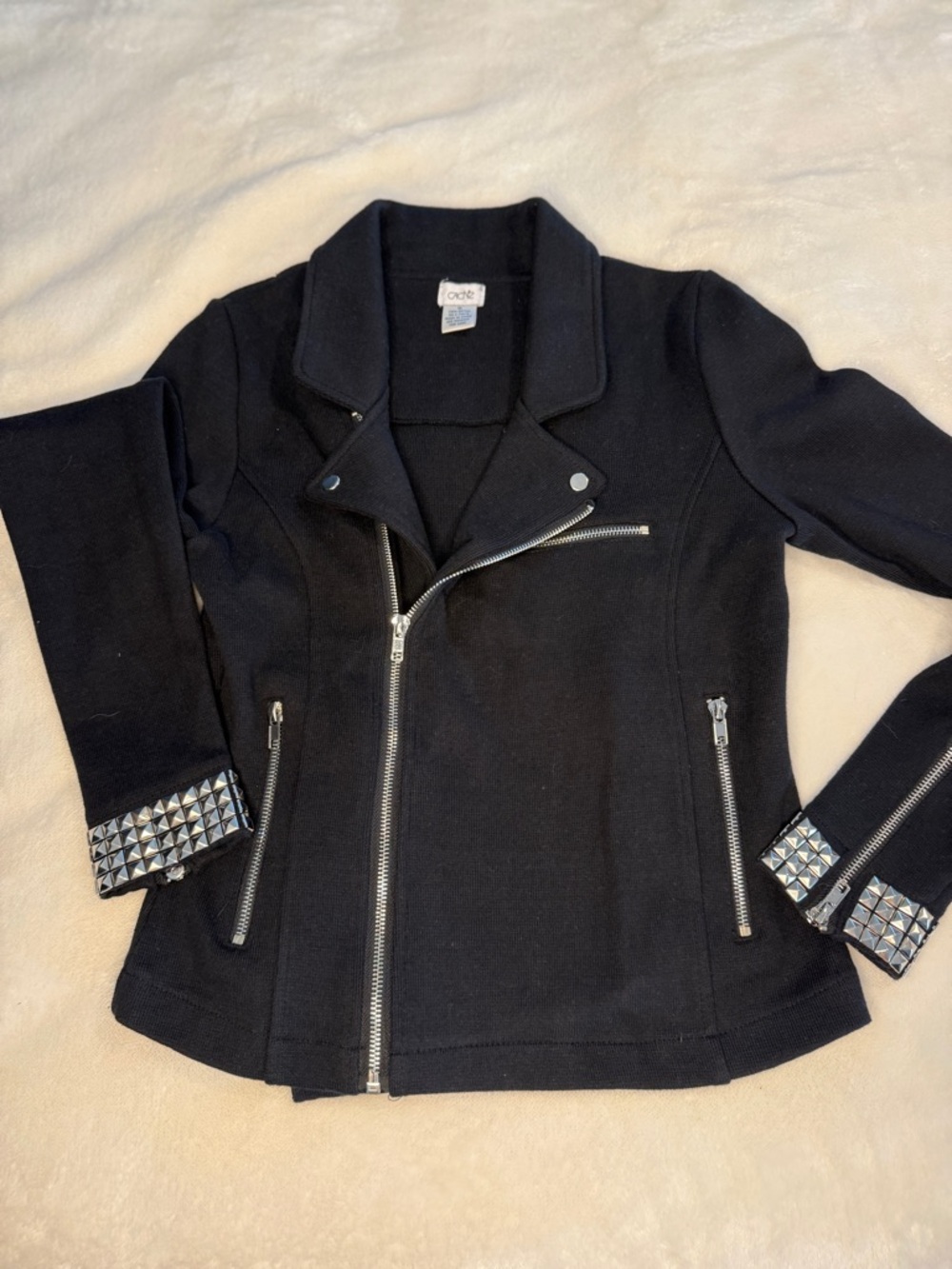 Caché Black Cotton Knit Studded Moto Jacket Women's XS Asymmetric Zip Y2K⁠ - Picture 2 of 9